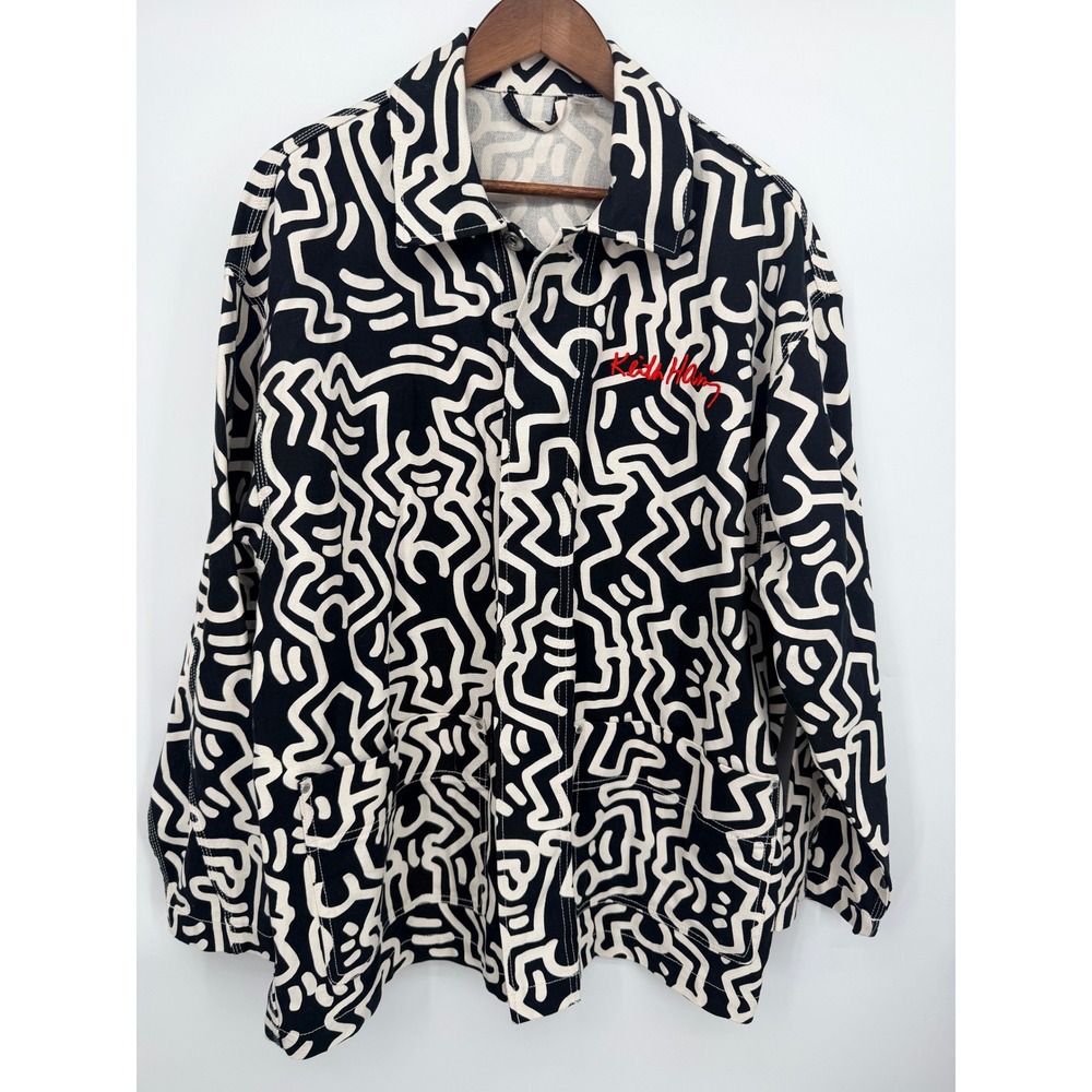 H&M Keith Haring Chore Jacket Mens L Black White Excellent Graphic Art Coat